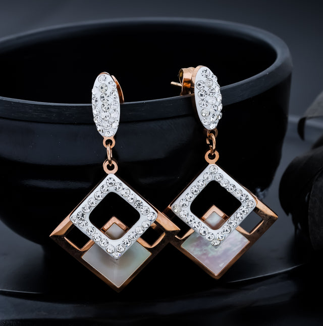 Crystal and Rose Gold Geometric Dangle Earrings