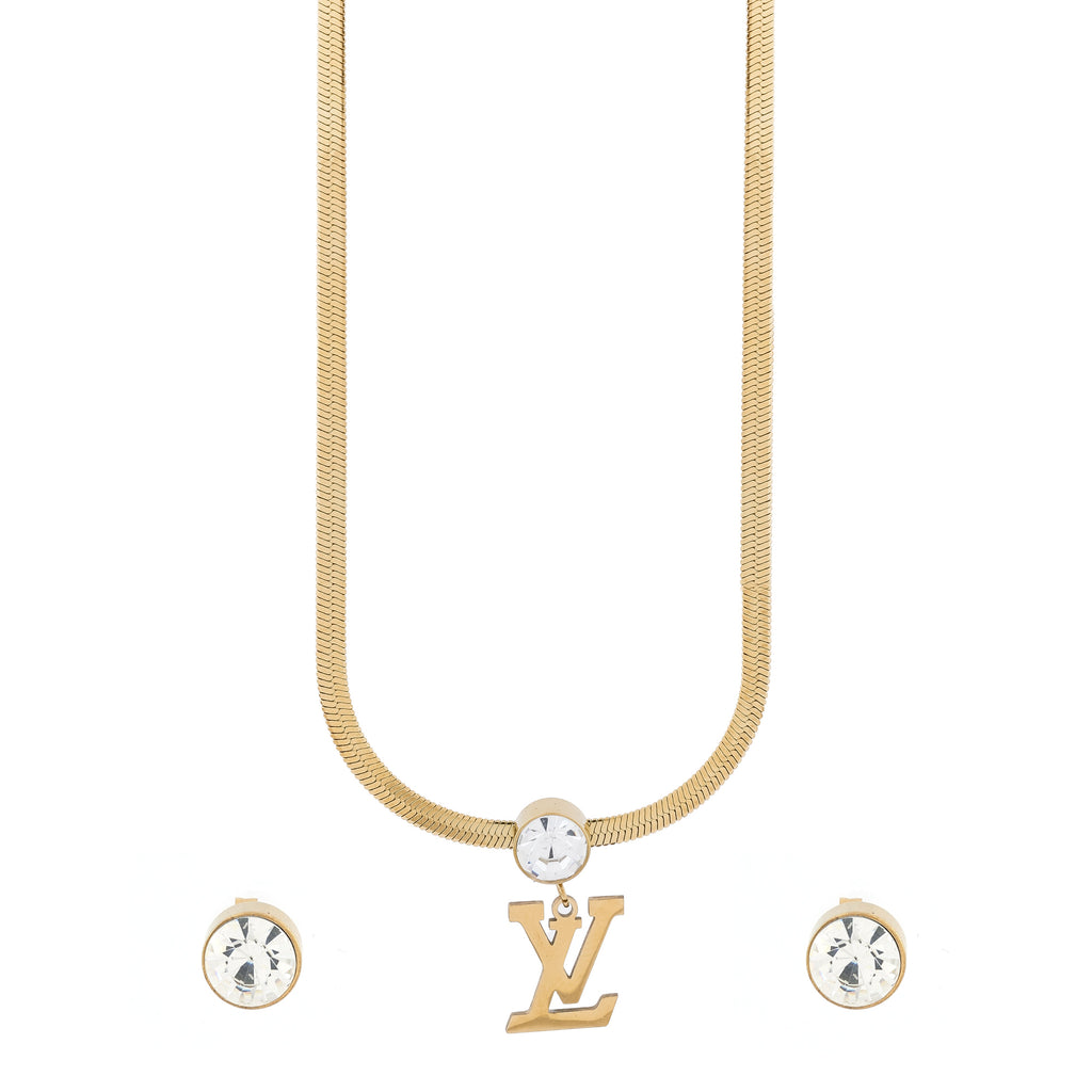 LV Initials Diamond Studded Gold-Plated Jewelry Set