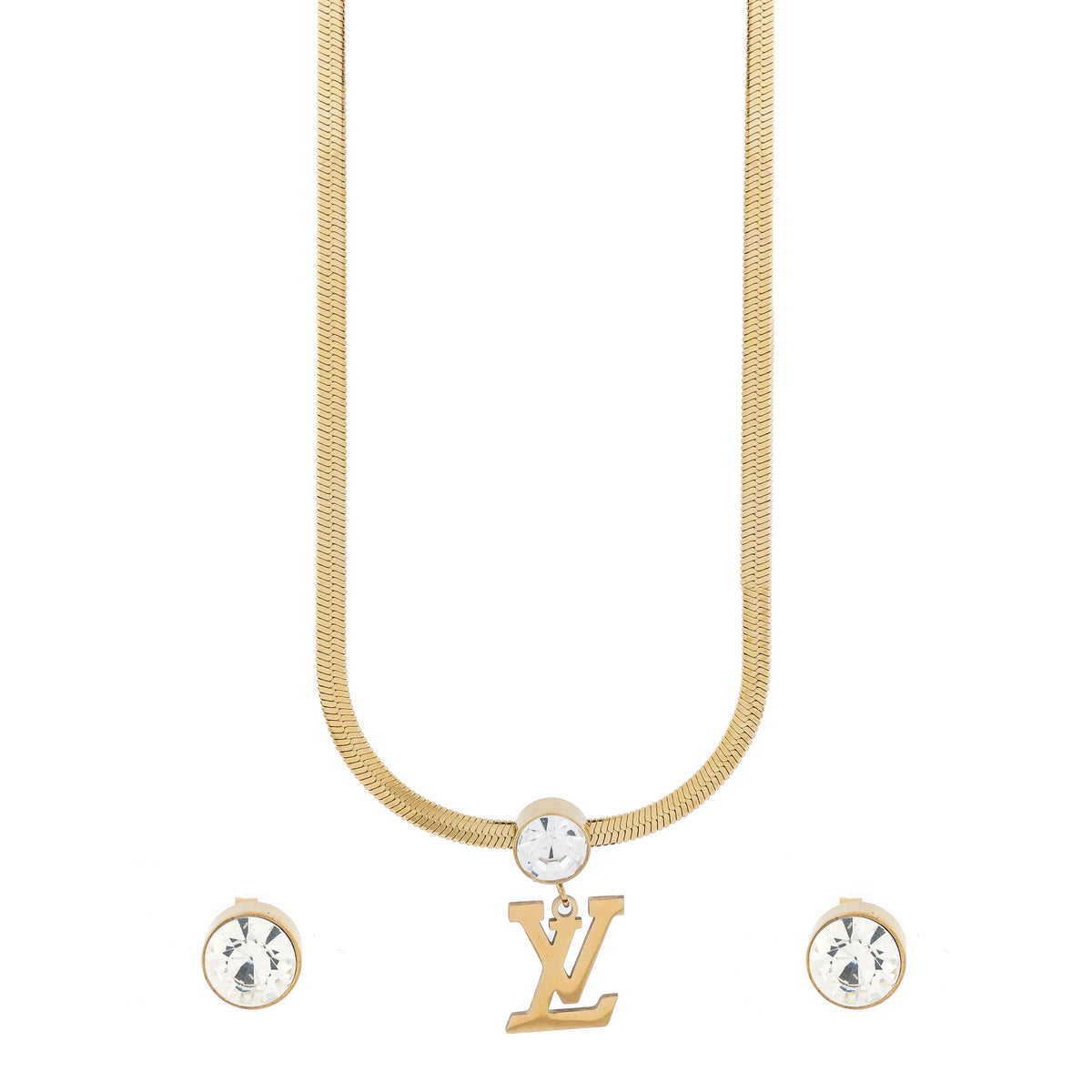 LV Initials Diamond Studded Gold-Plated Jewelry Set