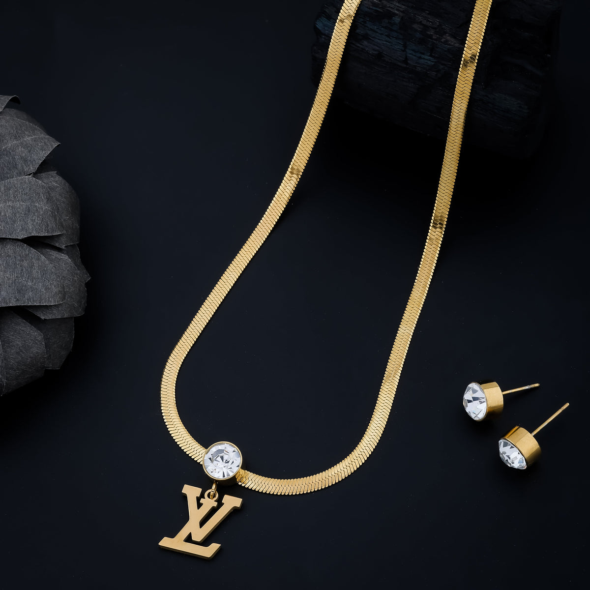 LV Initials Diamond Studded Gold-Plated Jewelry Set