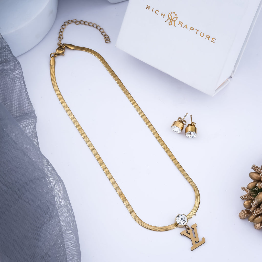 LV Initials Diamond Studded Gold-Plated Jewelry Set