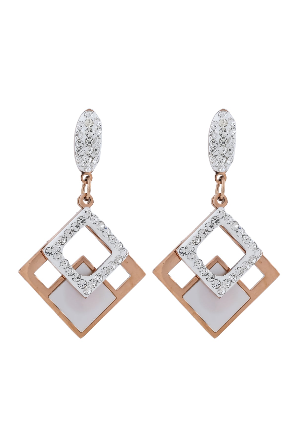 Crystal and Rose Gold Geometric Dangle Earrings