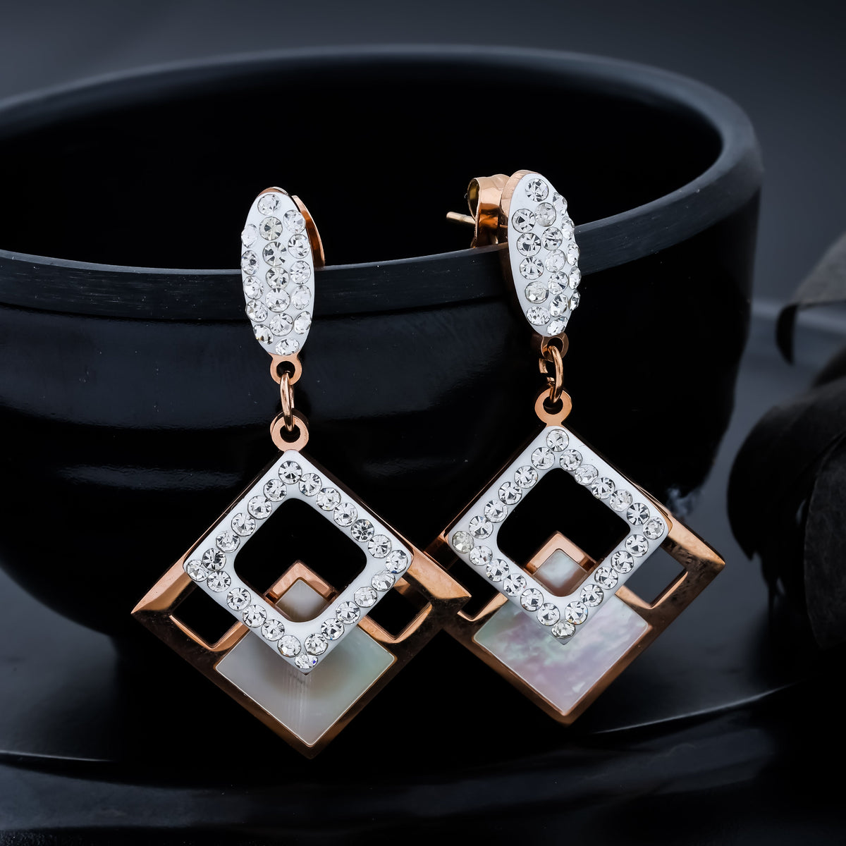 Crystal and Rose Gold Geometric Dangle Earrings