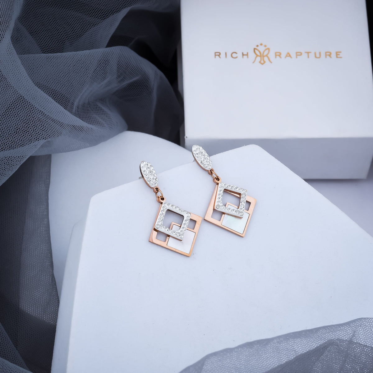 Crystal and Rose Gold Geometric Dangle Earrings