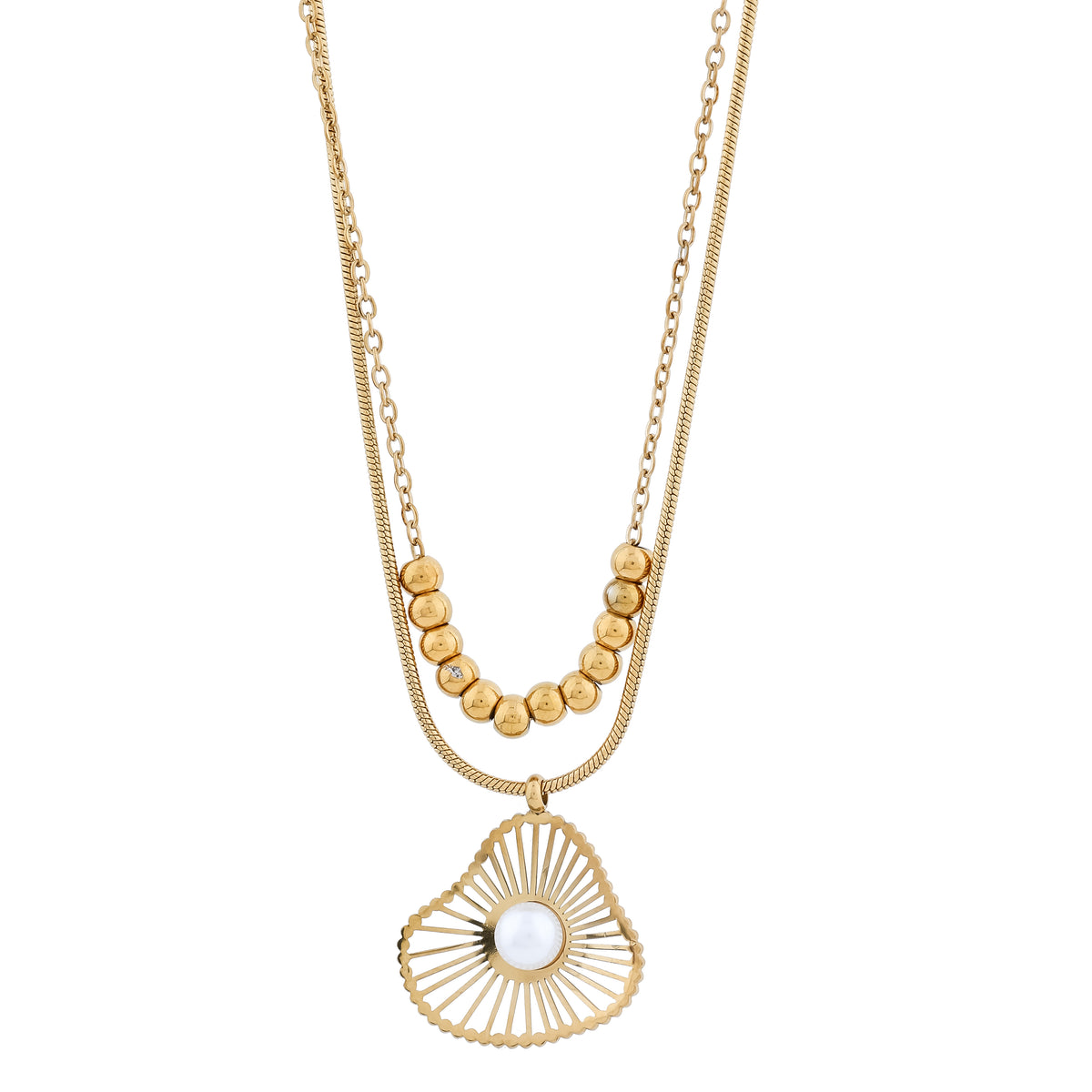 Golden Seashell & Pearl Double-Chain Pendant