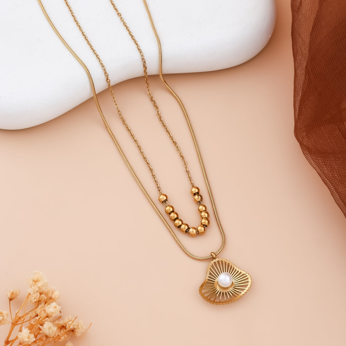 Golden Seashell & Pearl Double-Chain Pendant