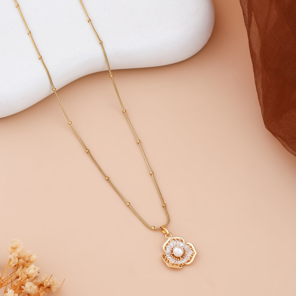 Luxe Baguette Flora Pearl Pendant Necklace