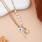 Evil Eye Key & Heart Lock Layered Pearl Necklace