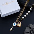 Evil Eye Key & Heart Lock Layered Pearl Necklace