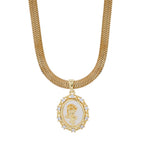 Vintage Rose Oval Medallion Herringbone Necklace