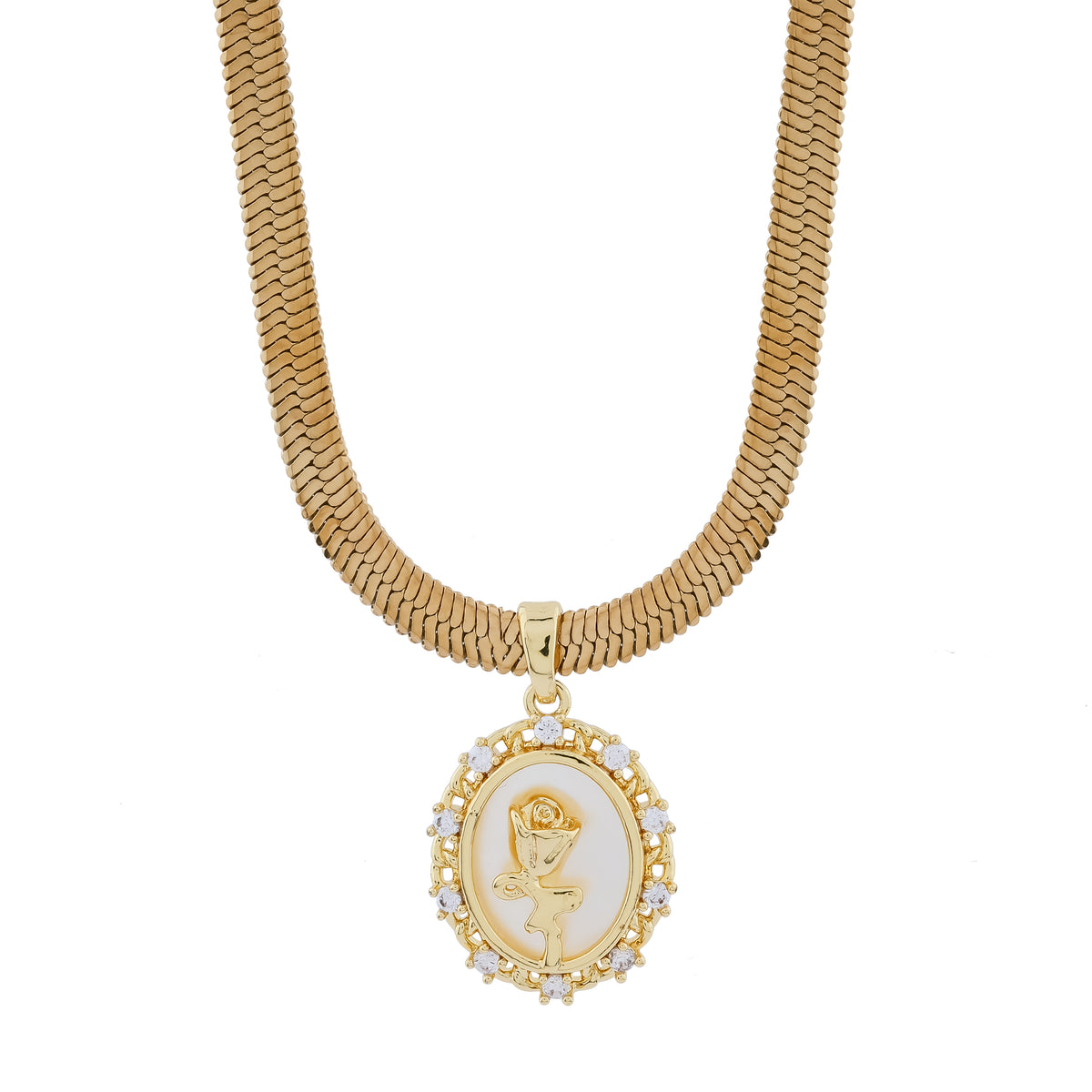 Vintage Rose Oval Medallion Herringbone Necklace
