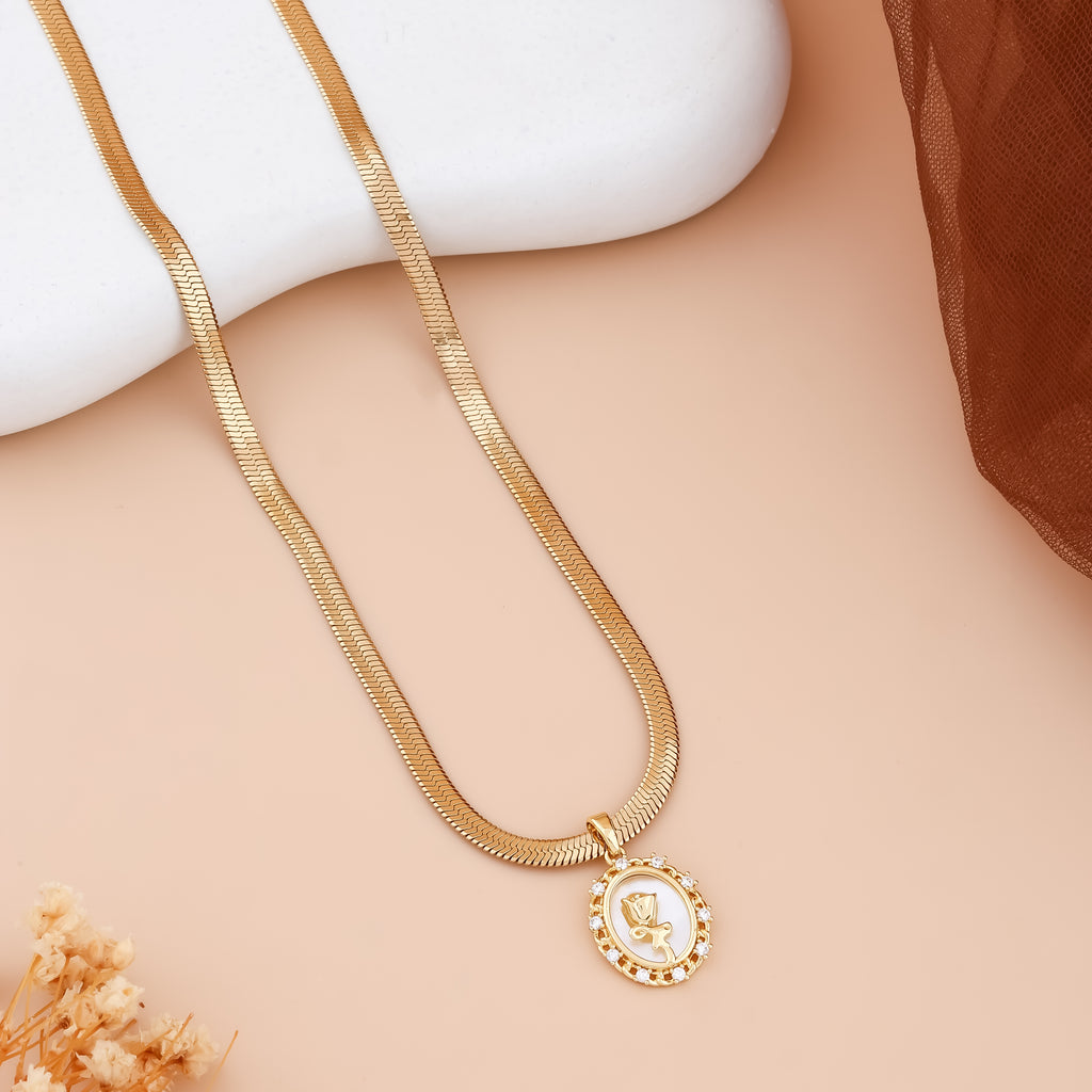 Vintage Rose Oval Medallion Herringbone Necklace