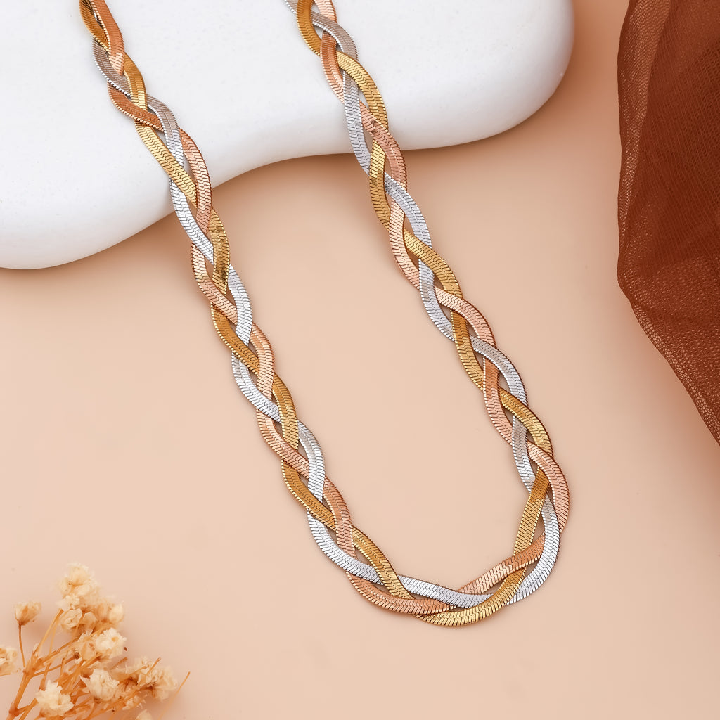 Tricolor Braided Herringbone Statement Necklace