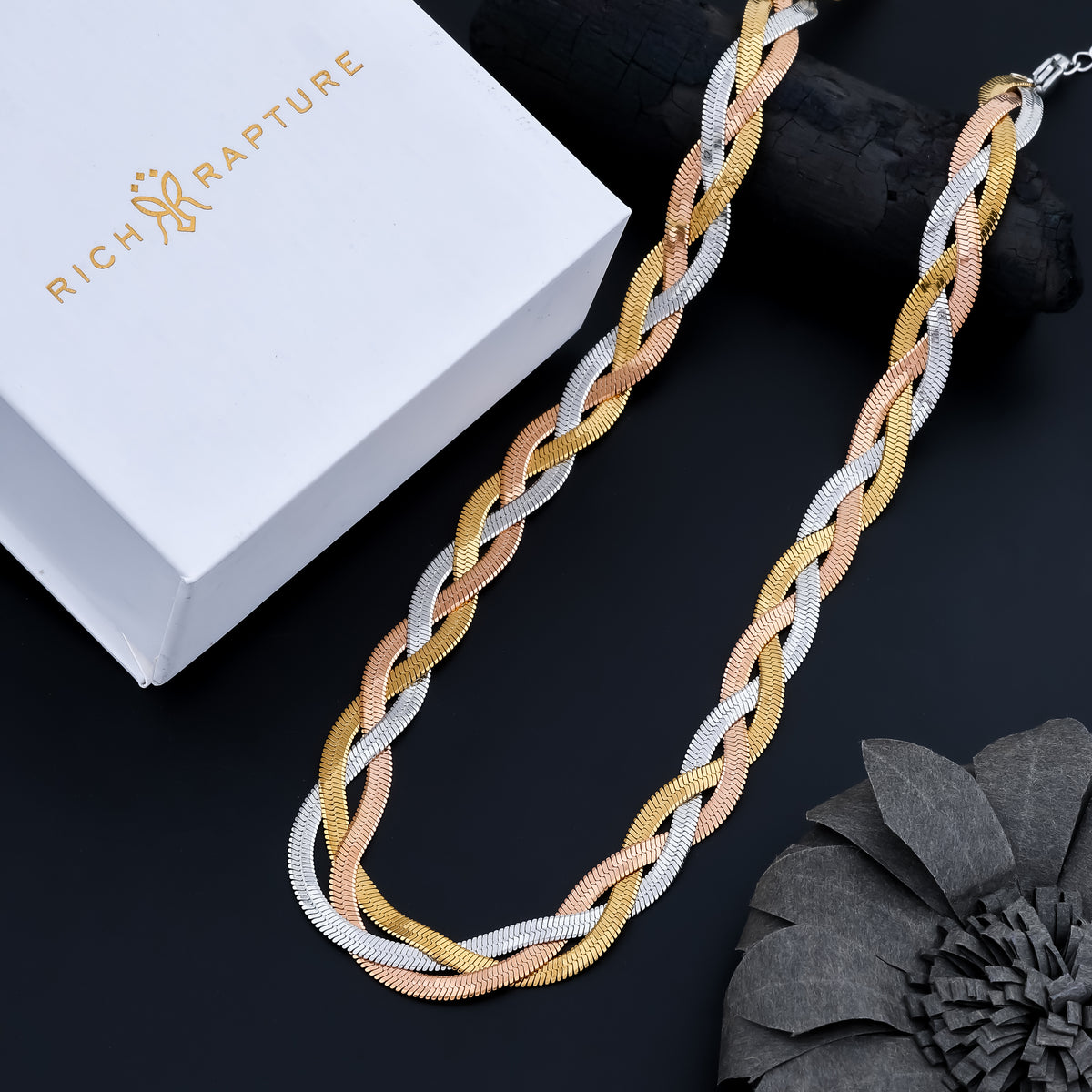 Tricolor Braided Herringbone Statement Necklace