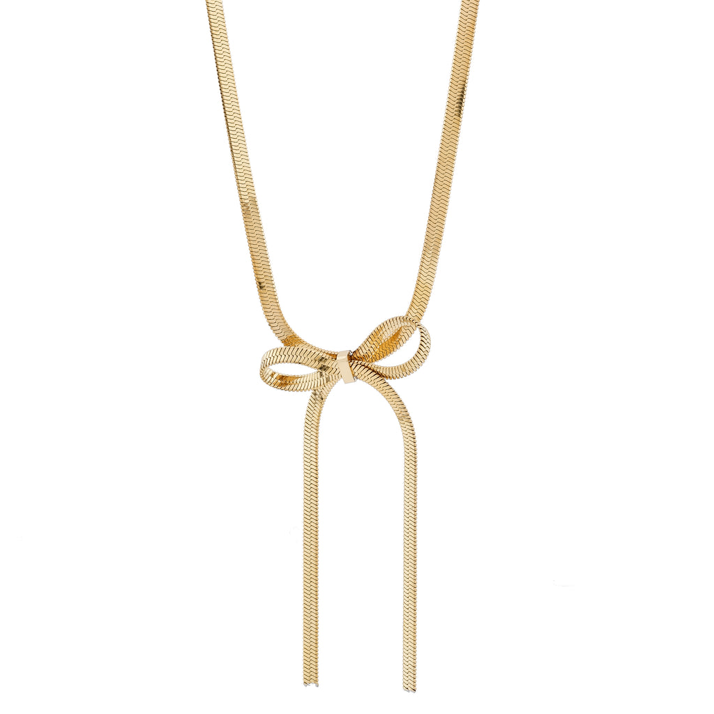 Luxe Golden Ribbon Herringbone Bow Necklace