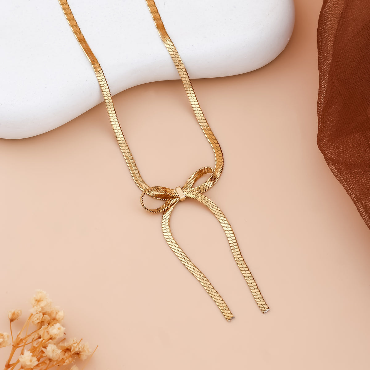 Luxe Golden Ribbon Herringbone Bow Necklace