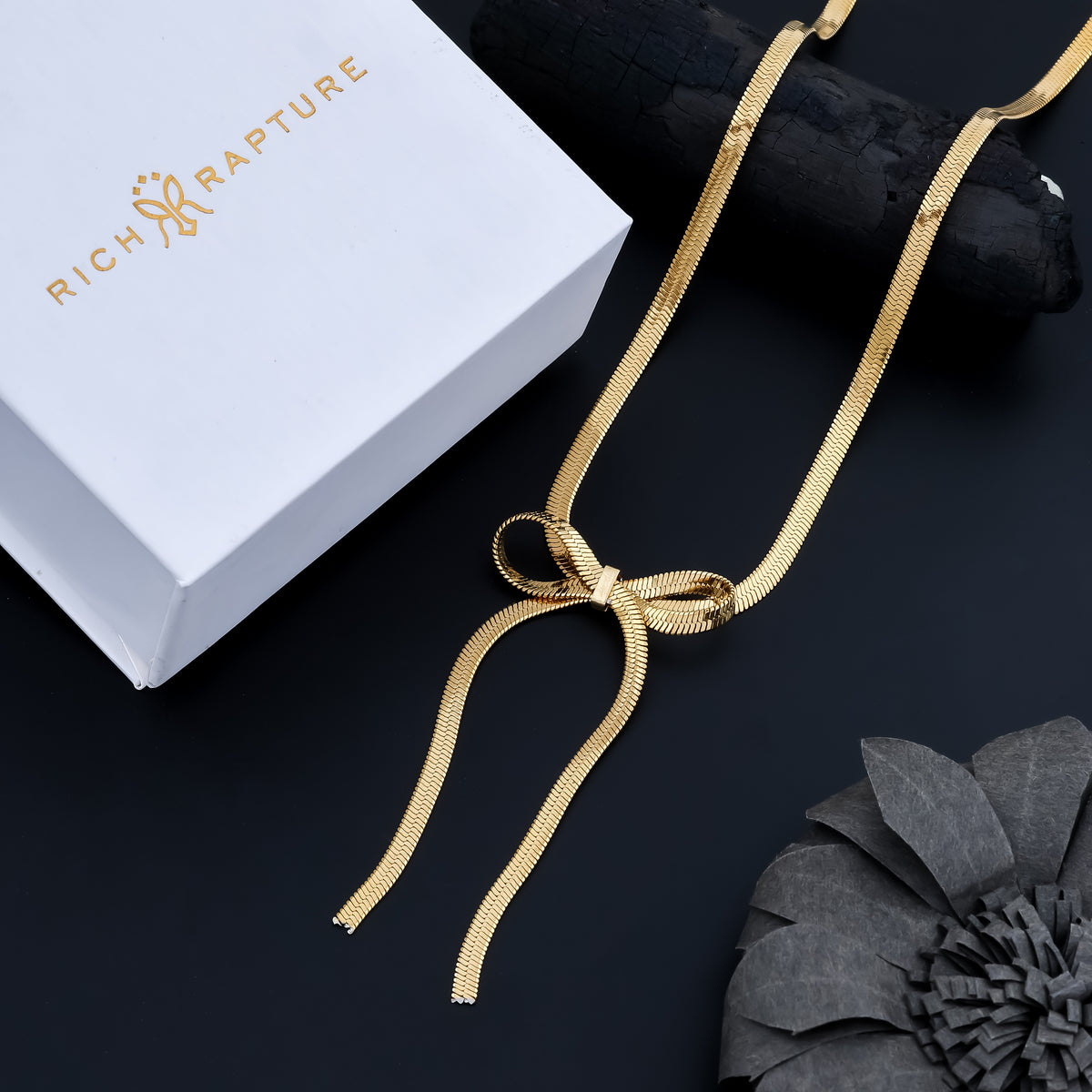 Luxe Golden Ribbon Herringbone Bow Necklace