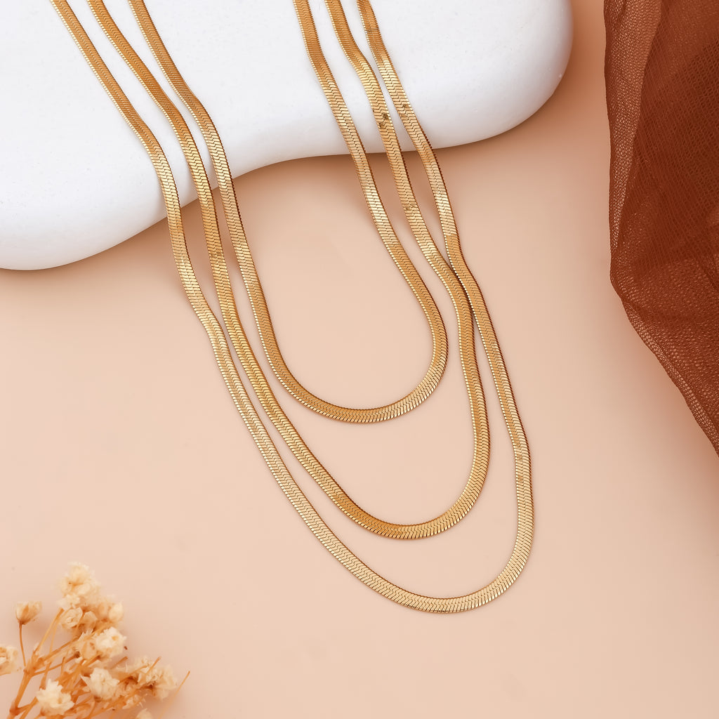 Luxe Triple Layered Herringbone Snake Chain Necklace