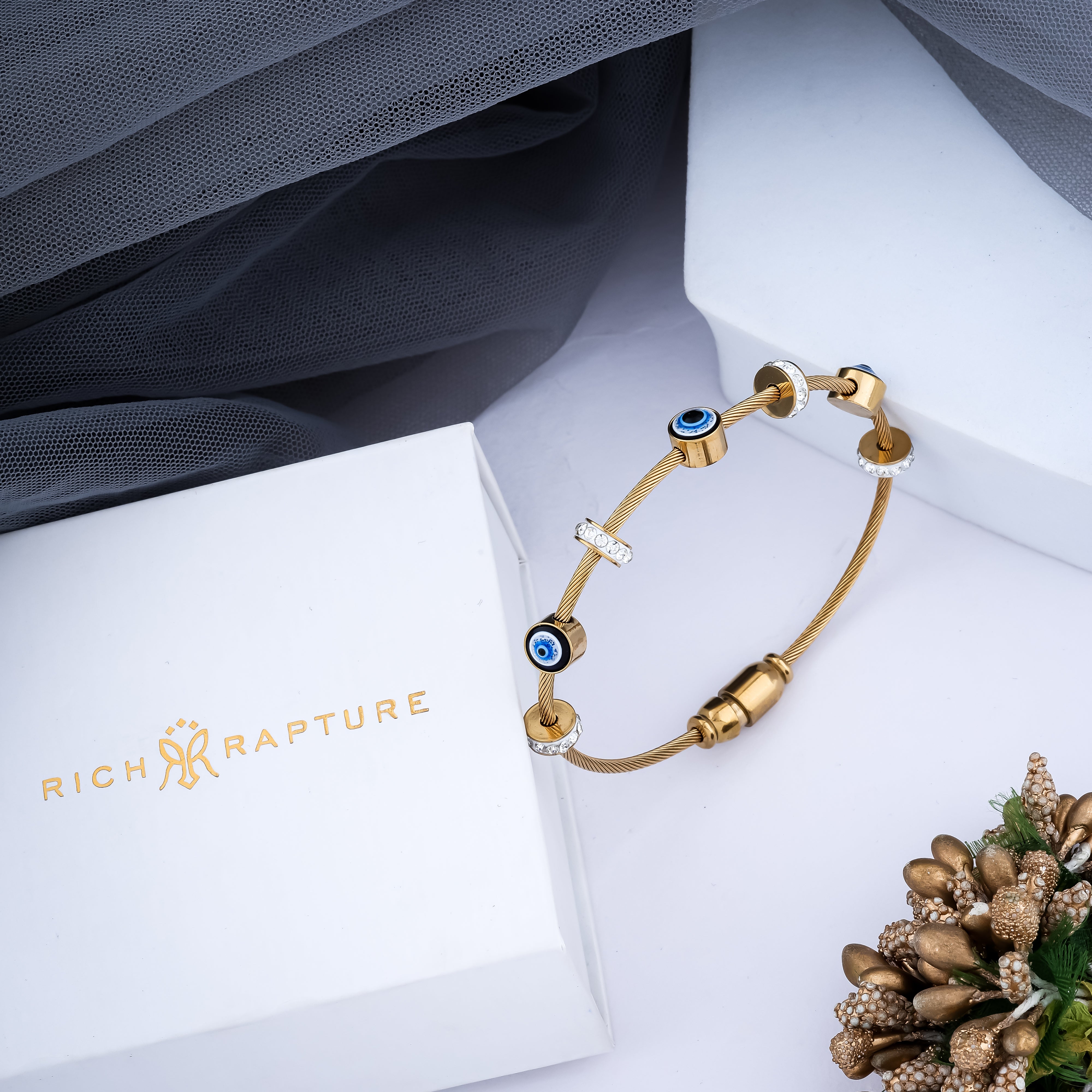 Evil Eye Diamond Ring Gold-Plated Bracelet